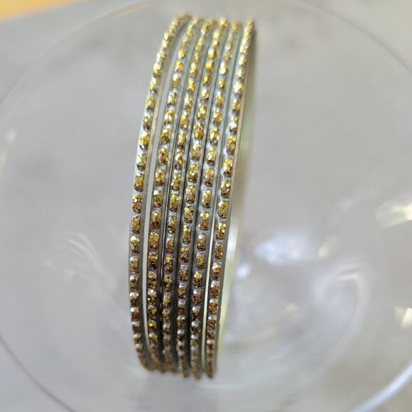 Silver with Gold Glitter Thin Metal Bangles Metallics Stack of 6 - Picture 2 of 5